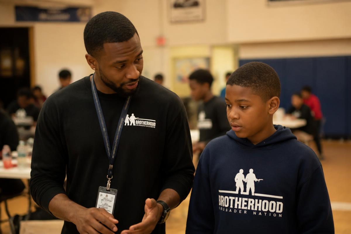 Young men listening to a mentor around a table
