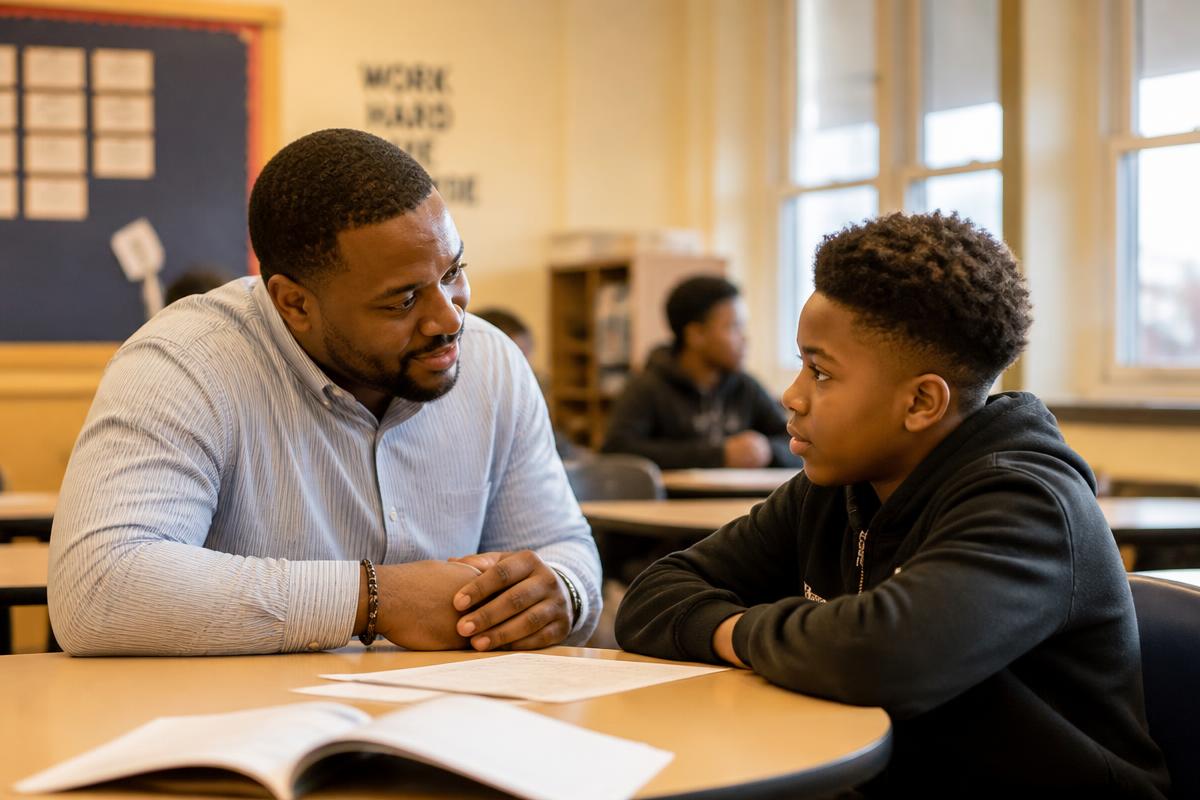 Mentor with a hand on a young man's shoulder outdoors