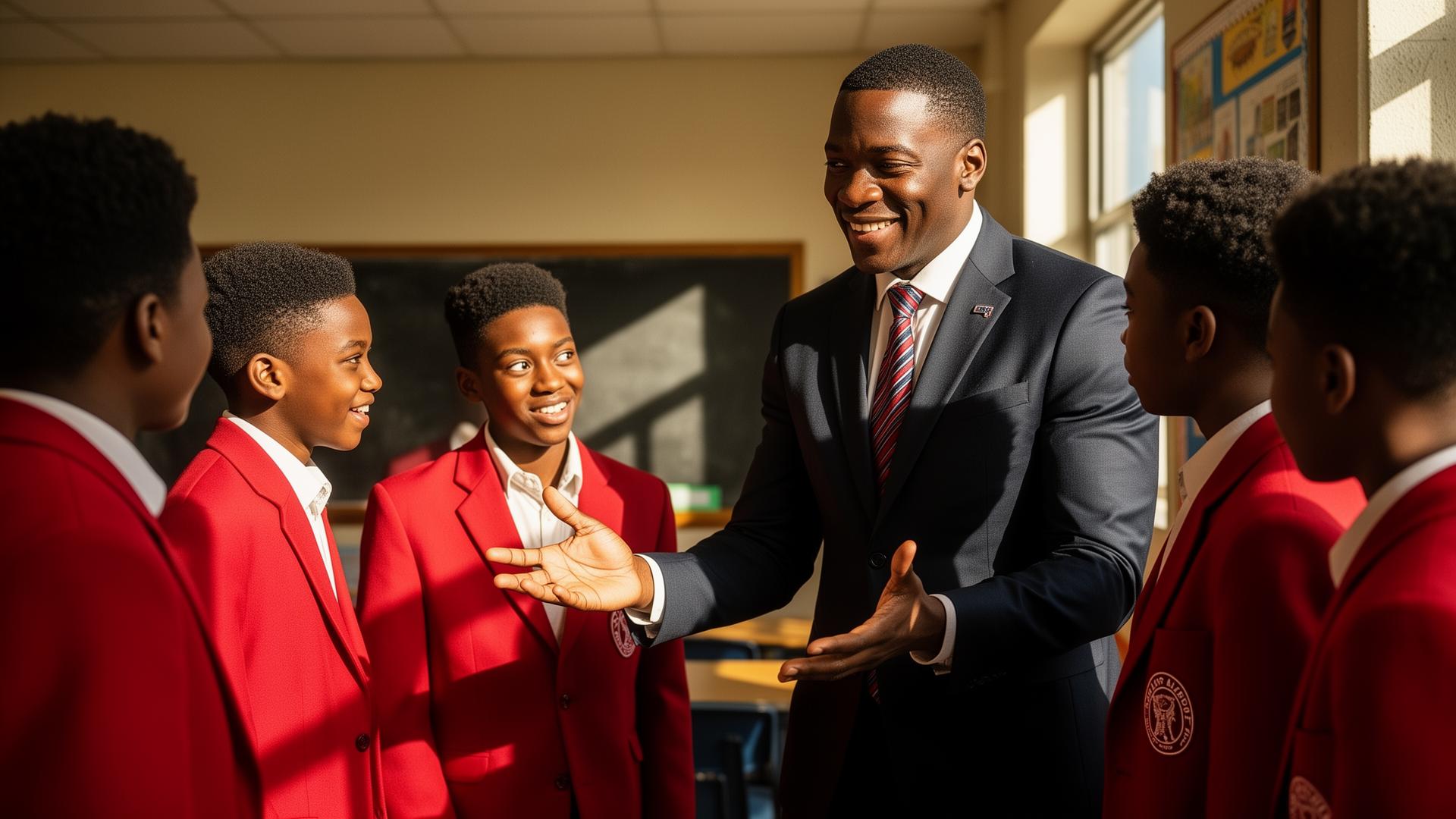 A mentor in a suit engaging warmly with a group of young men at a Kut Different school site.